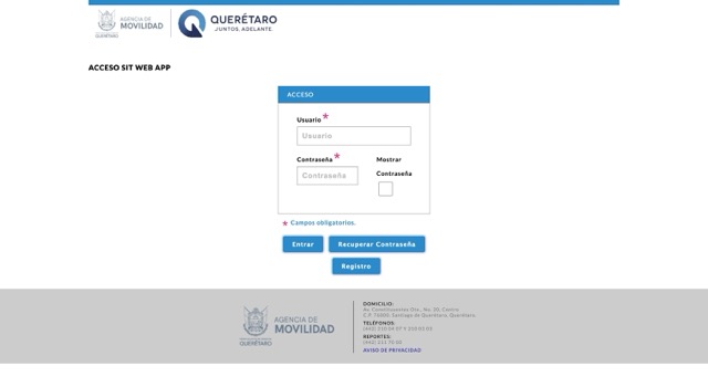 Pantalla de acceso del SIT — Agencia de Movilidad de Querétaro
