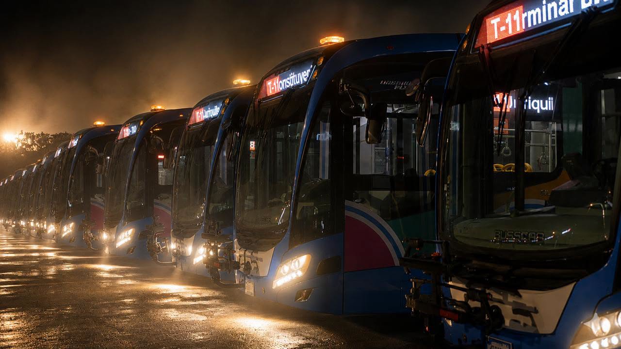 Flotilla de autobuses del transporte p&uacute;blico de Quer&eacute;taro alineada de noche con las luces encendidas